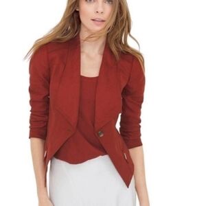 White House Black Market, Rust Red Cropped Linen Moto Blazer, Size 4 Small